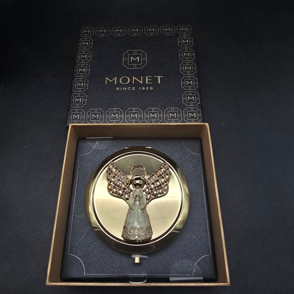 Monet Angel Compact Mirror Rhinestones In Box